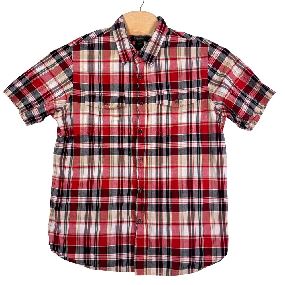 Eddie Bauer Mens Plaid Short Sleeve Button Up Shirt Size L Red Tan Retro Outdoor